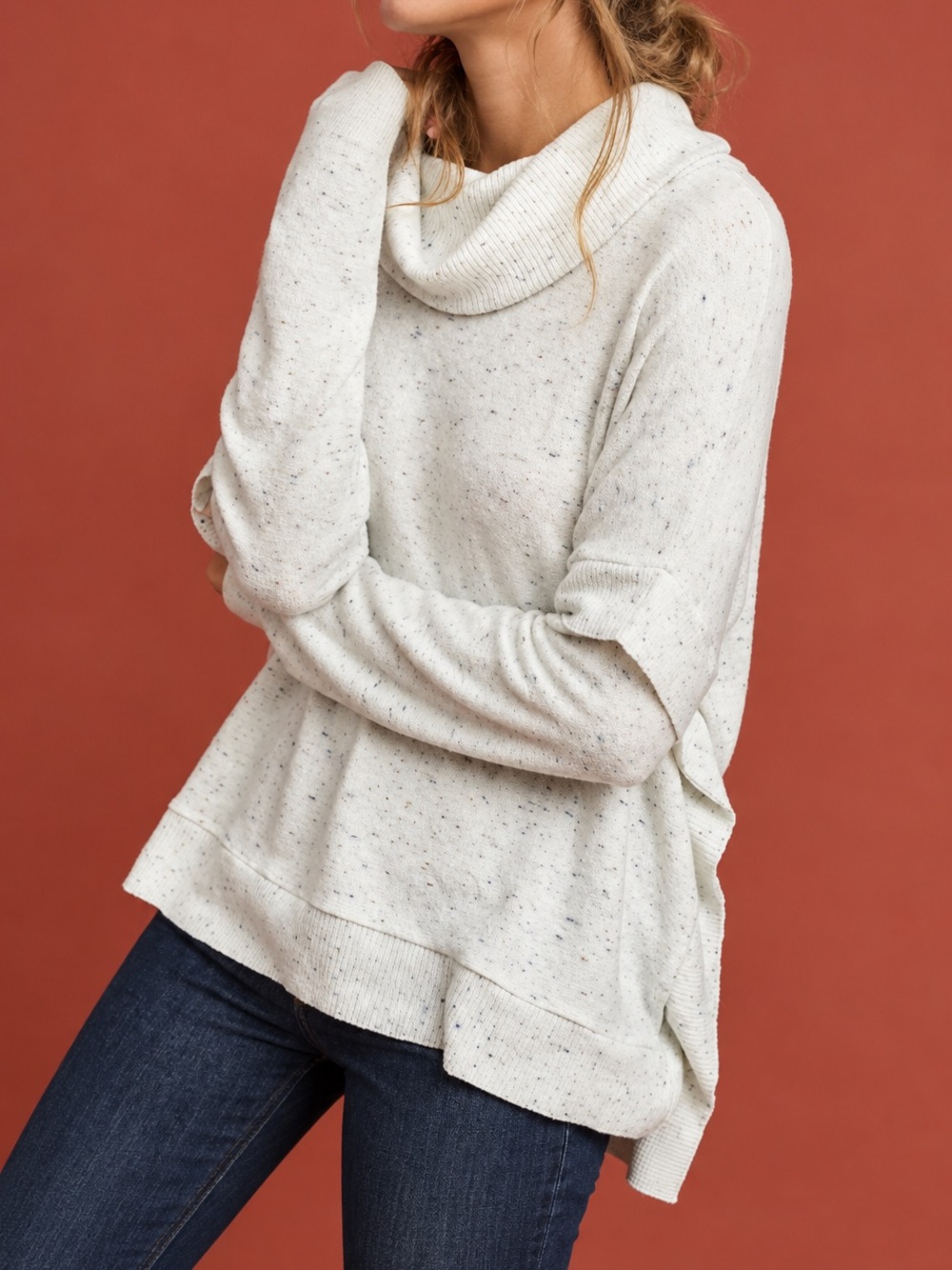 Anthropologie Postmark Lassen Cowl Neck Pullover Flecked Ivory Cozy Soft Size S